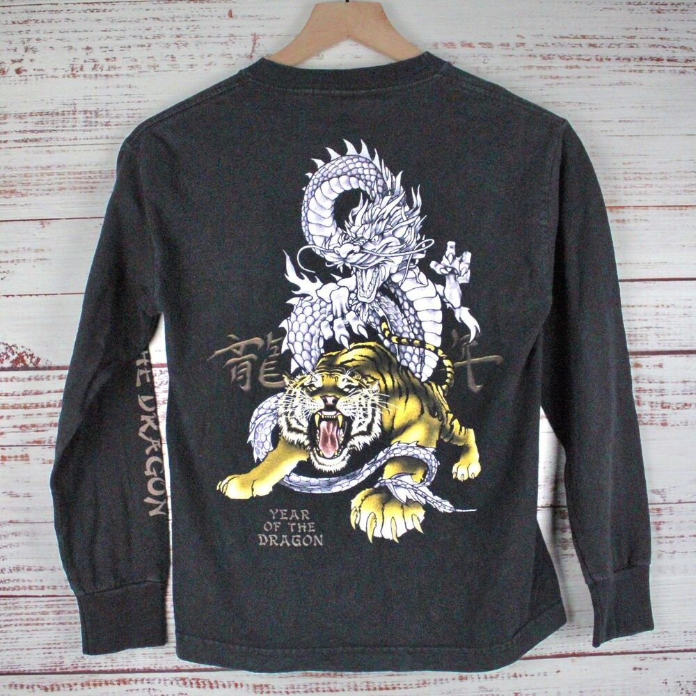 VTG Top Heavy Boys Size M "Year Of The Dragon" Graphic T Shirt Black L/S Y2K